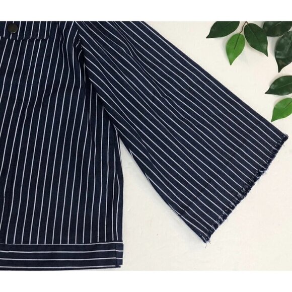 Easel Sz S Blue White Chambray Denim Railroad Striped Bell Sleeve Frayed Jacket - Picture 3 of 7